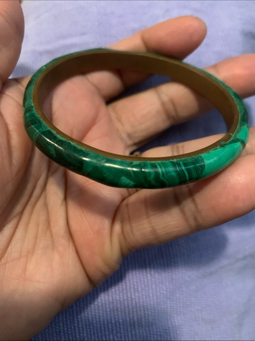 Vintage Green Malachite Stone and Brass Bangle Bracelet - Women Jewelry